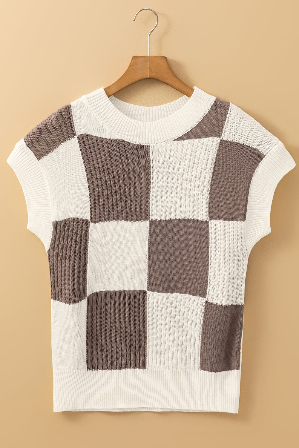Ladies Khaki Checkered Color Block Crew Neck Short Sleeve Sweater