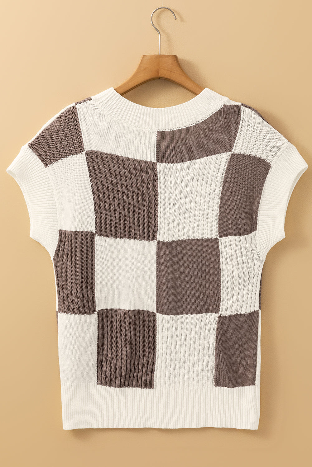 Ladies Khaki Checkered Color Block Crew Neck Short Sleeve Sweater