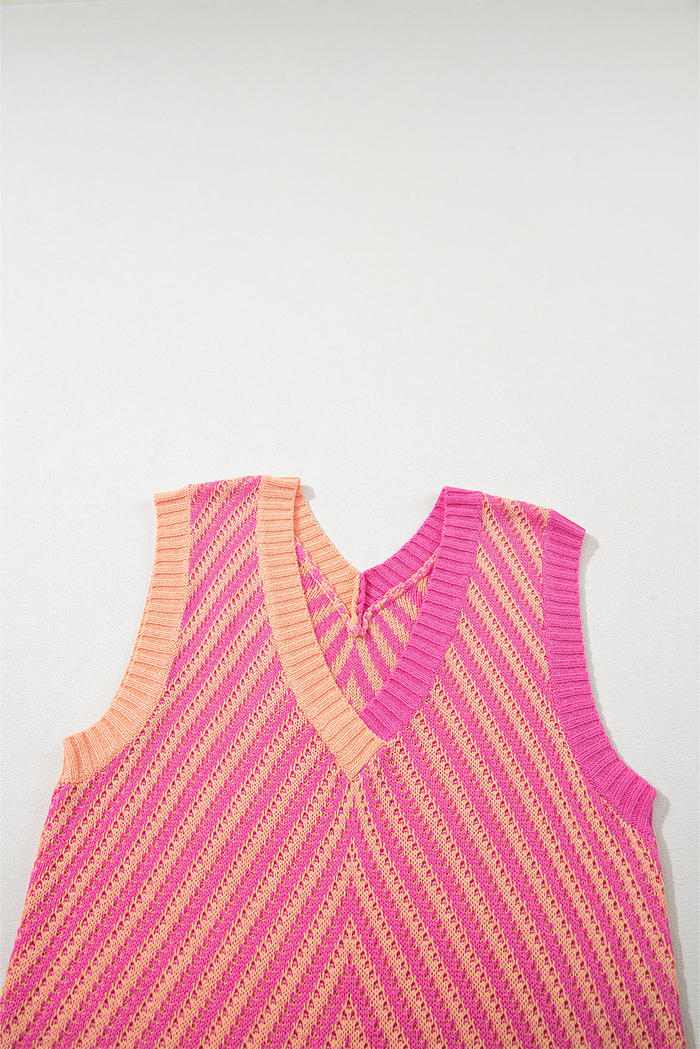 Ladies Strawberry Pink Contrast Chevron Knit V Neck Sweater Vest