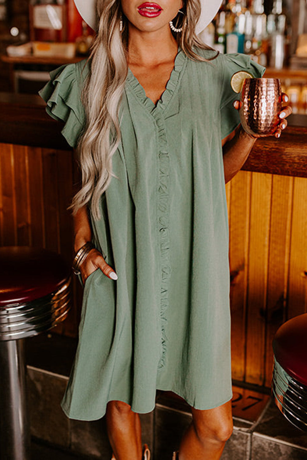 Ladies LDC Ruffle Sleeve V Neck Frilled Shift Dress-Mist Green