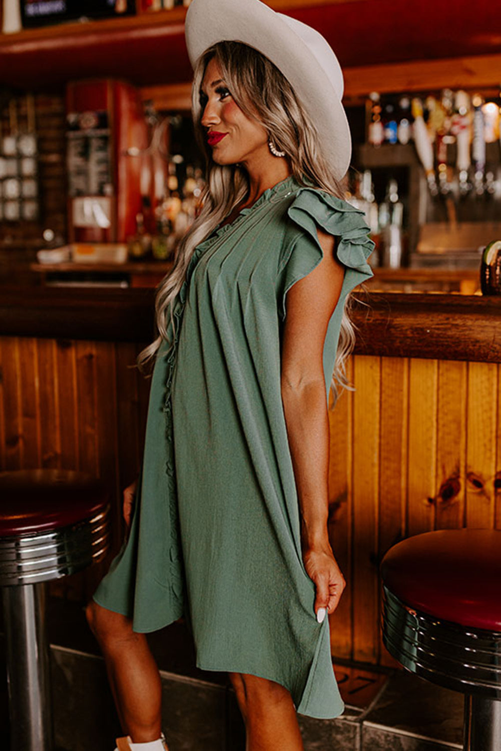 Ladies LDC Ruffle Sleeve V Neck Frilled Shift Dress-Mist Green