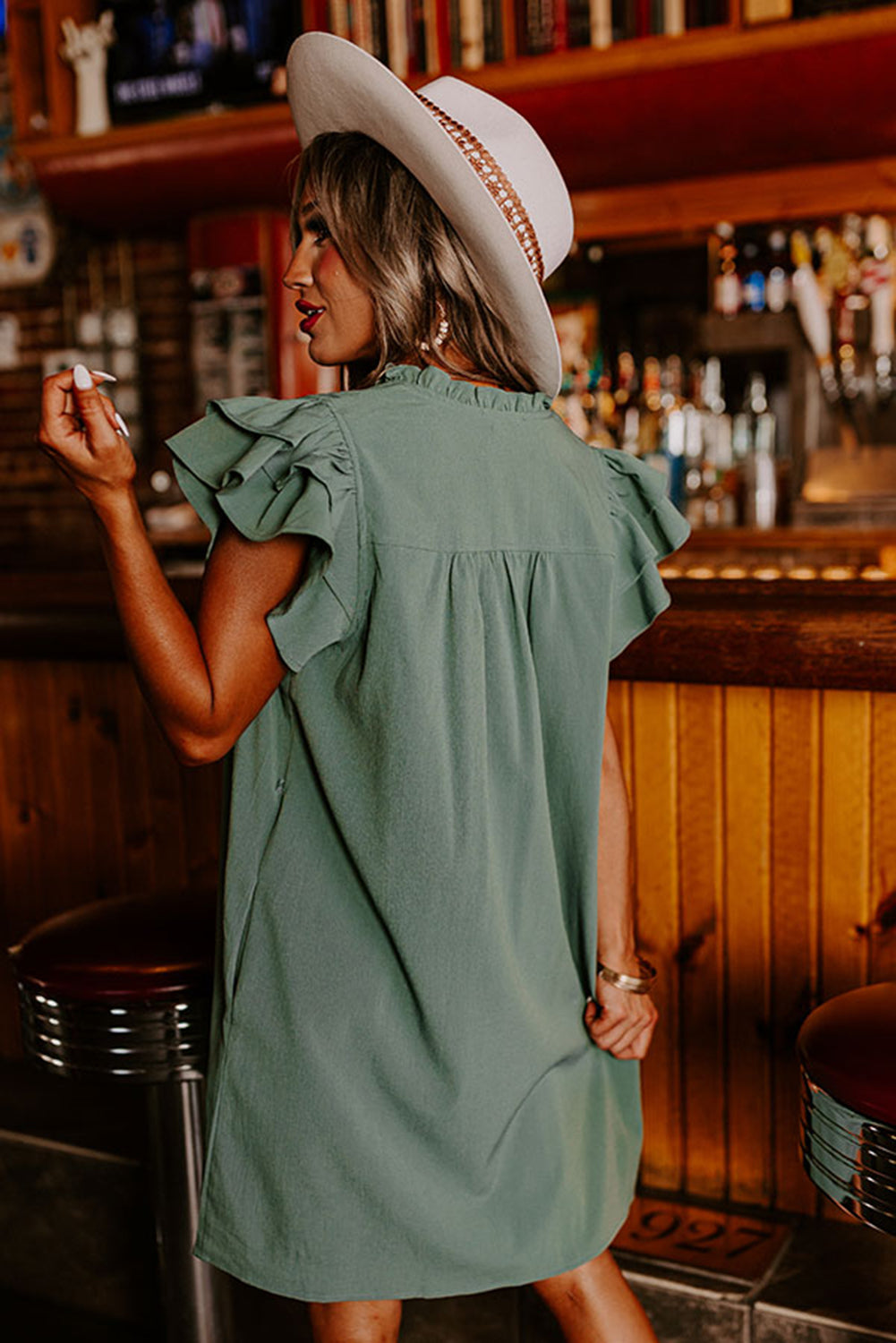 Ladies LDC Ruffle Sleeve V Neck Frilled Shift Dress-Mist Green