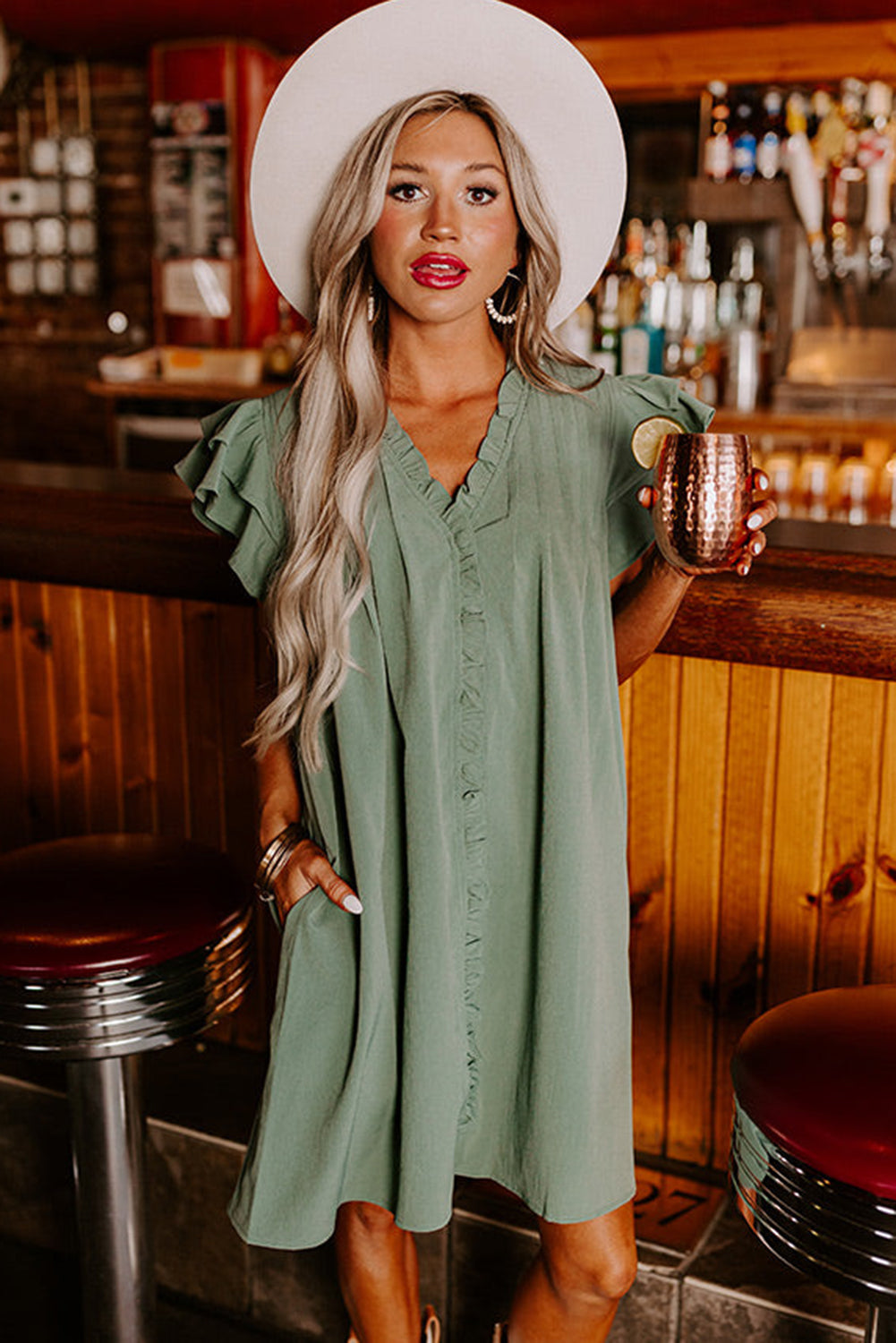 Ladies LDC Ruffle Sleeve V Neck Frilled Shift Dress-Mist Green