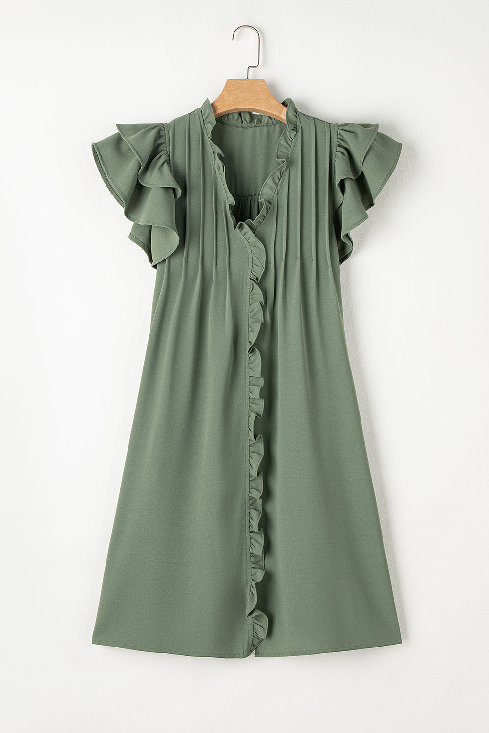 Ladies LDC Ruffle Sleeve V Neck Frilled Shift Dress-Mist Green