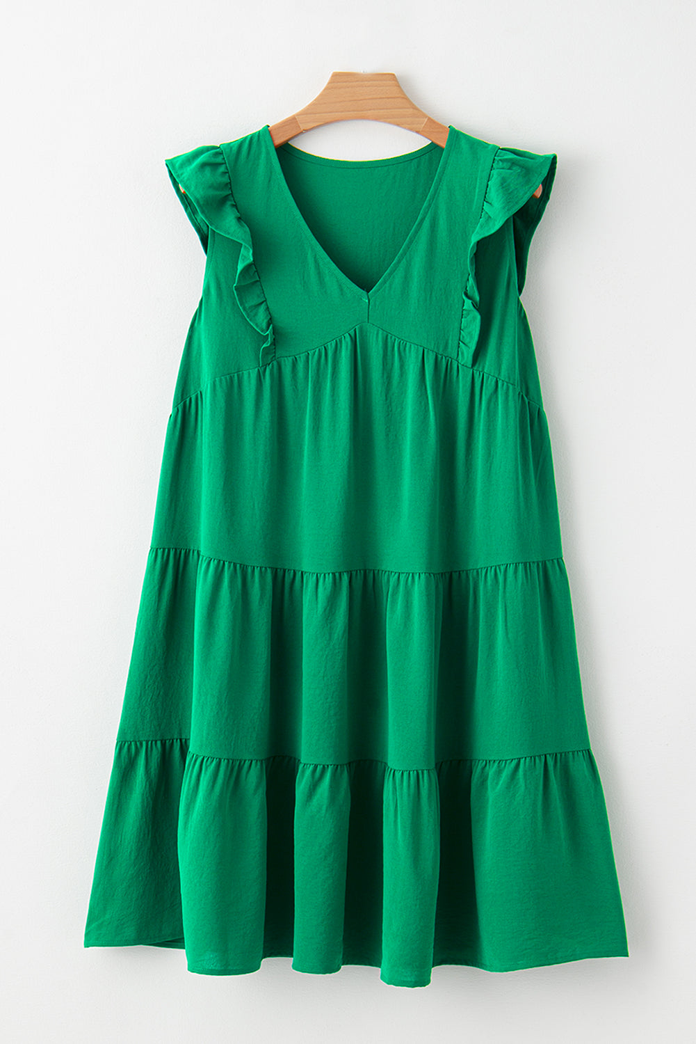Ladies Bright Green Solid Color V Neck Ruffle Tiered Mini Dress