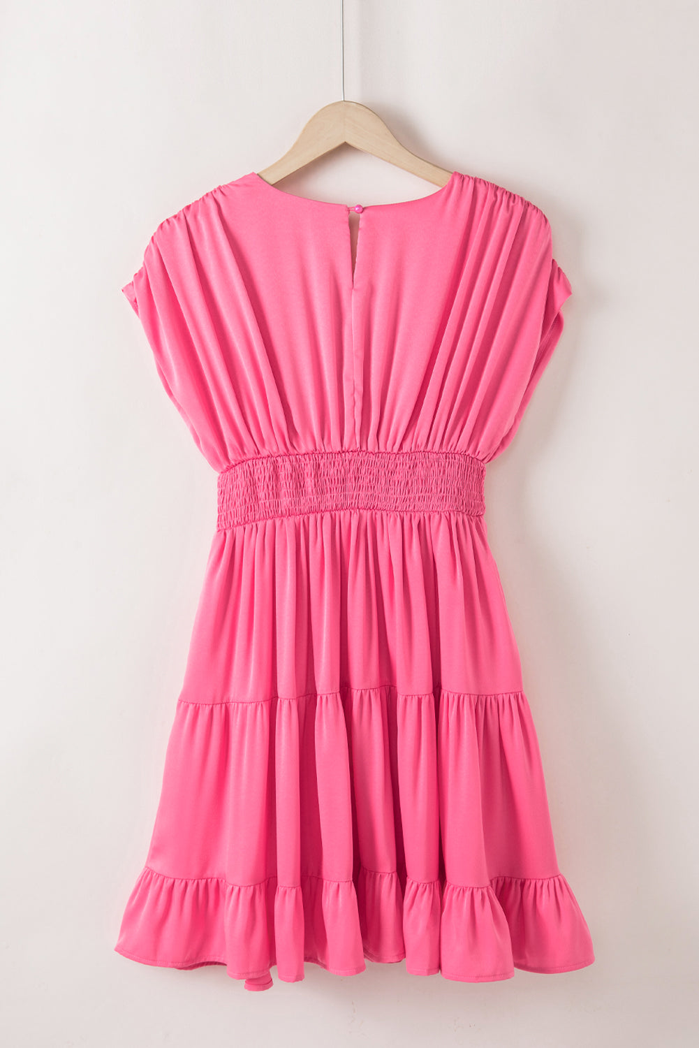 Ladies Strawberry Pink Ruched Sleeve V Neck Smock Waist Tiered Ruffled Dress