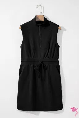 Ladies Black French Terry Zipped Collar Sleeveless Drawstring Waist Mini Dress