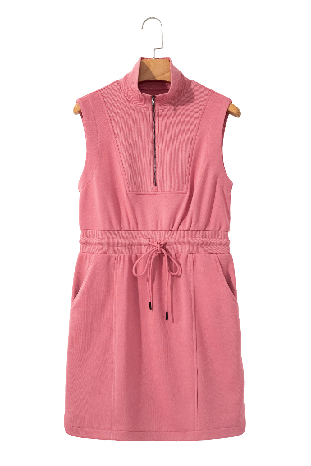 Ladies Mineral Red French Terry Zipped Collar Sleeveless Drawstring Waist Mini Dress