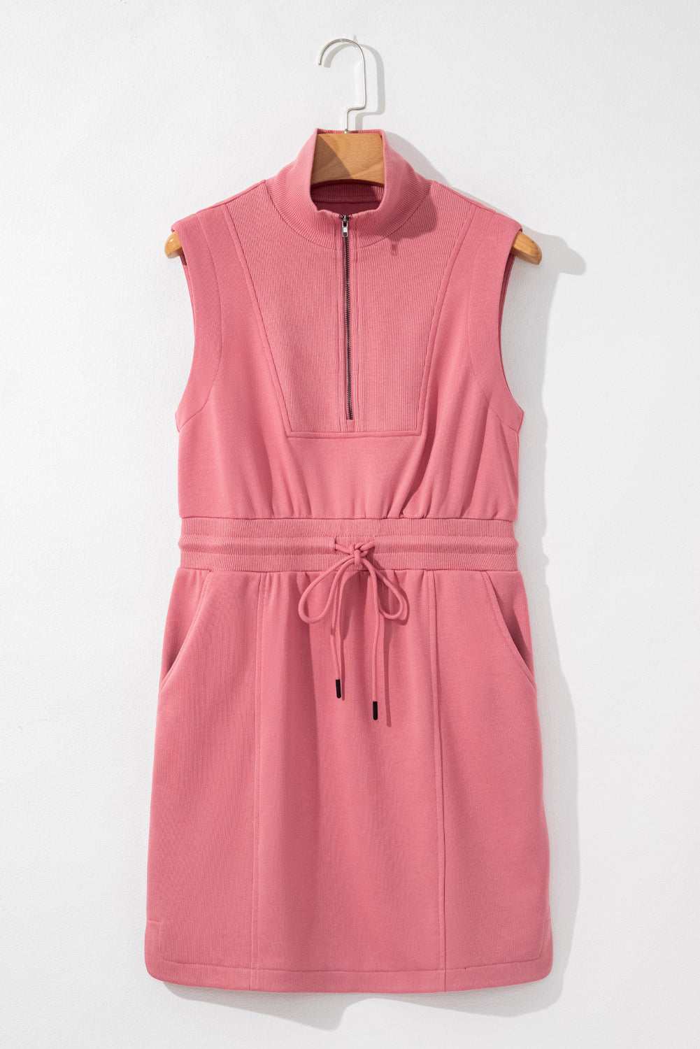 Ladies Mineral Red French Terry Zipped Collar Sleeveless Drawstring Waist Mini Dress