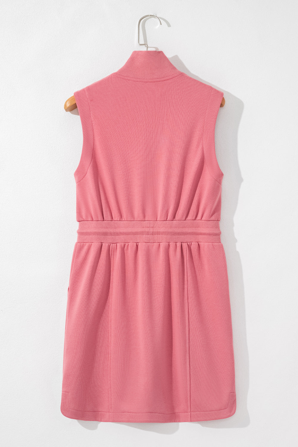 Ladies Mineral Red French Terry Zipped Collar Sleeveless Drawstring Waist Mini Dress