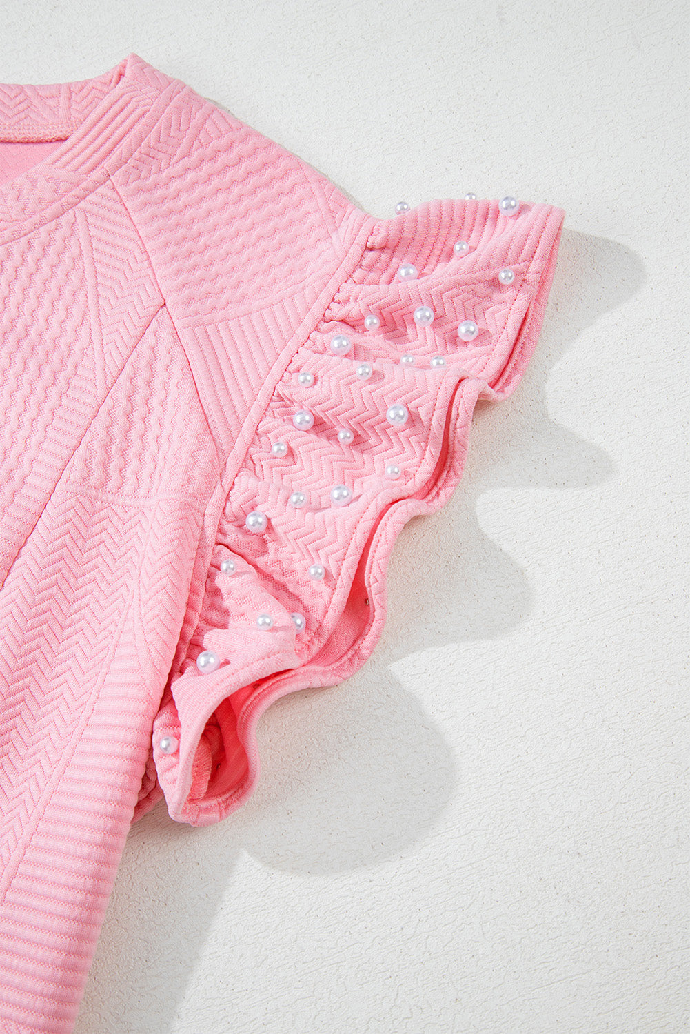 Ladies Pink Textured Pearled Ruffled Sleeve Wide Leg Pants Set