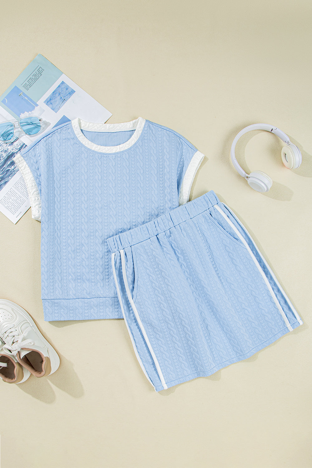 Ladies Beau Blue Contrast Trim Textured Crewneck Tee and Pocketed Skirt Set
