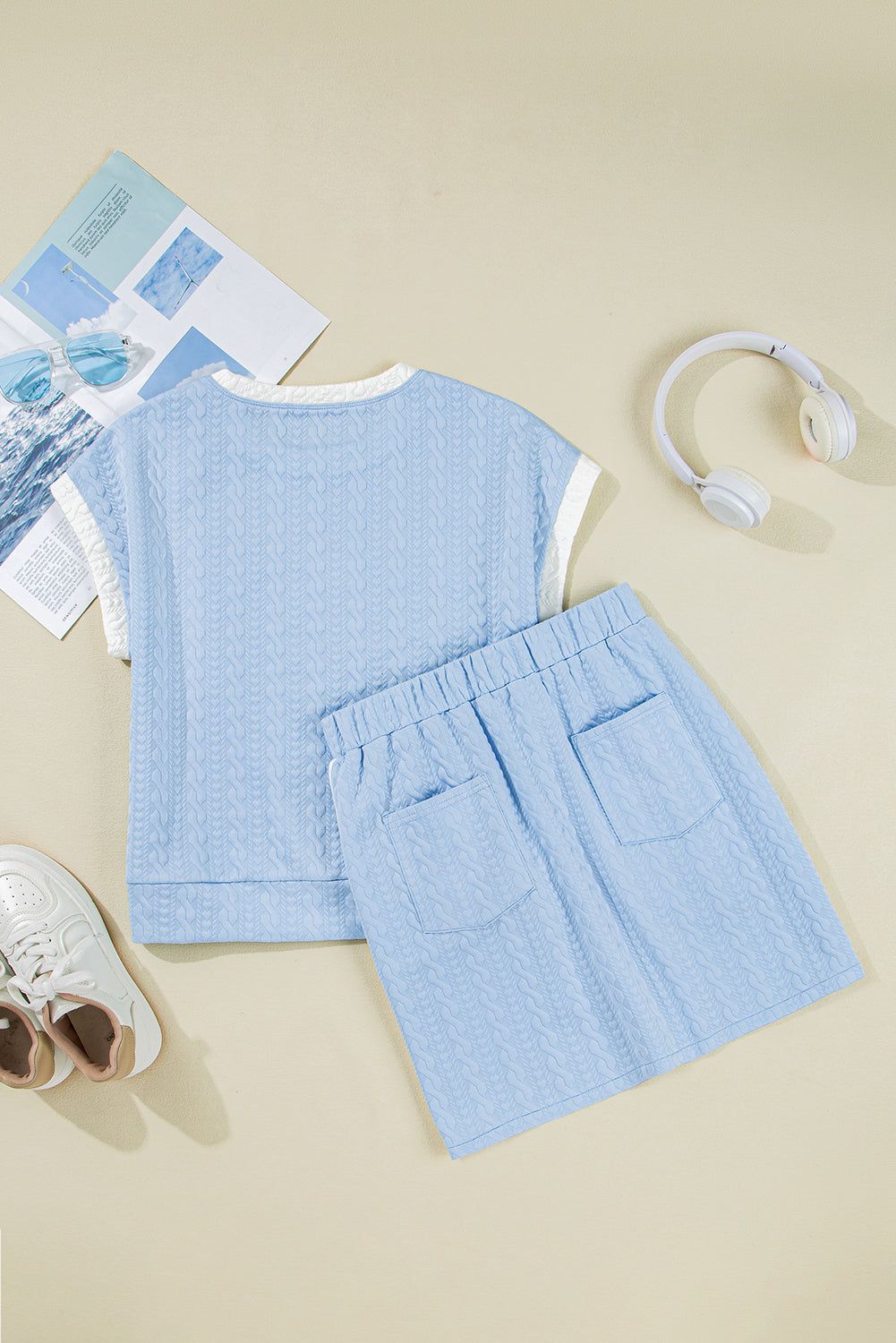 Ladies Beau Blue Contrast Trim Textured Crewneck Tee and Pocketed Skirt Set