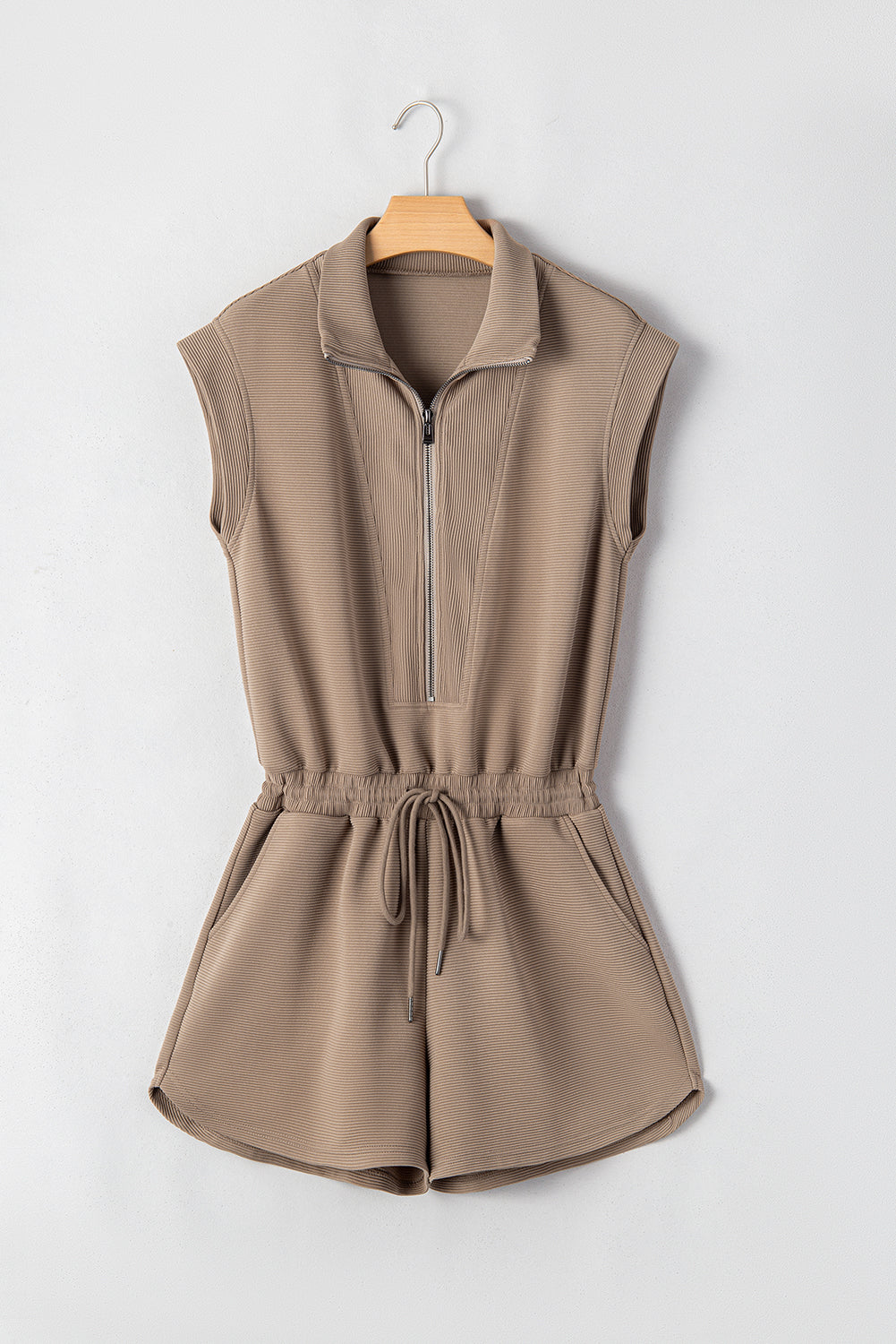 Ladies Dark Khaki Textured Short Sleeve Half Zip Drawstring Waist Romper