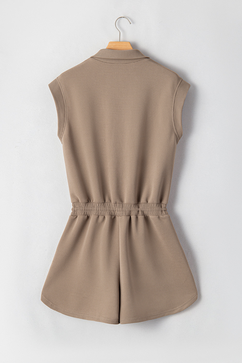 Ladies Dark Khaki Textured Short Sleeve Half Zip Drawstring Waist Romper