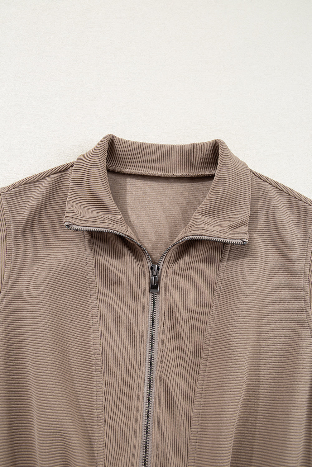Ladies Dark Khaki Textured Short Sleeve Half Zip Drawstring Waist Romper
