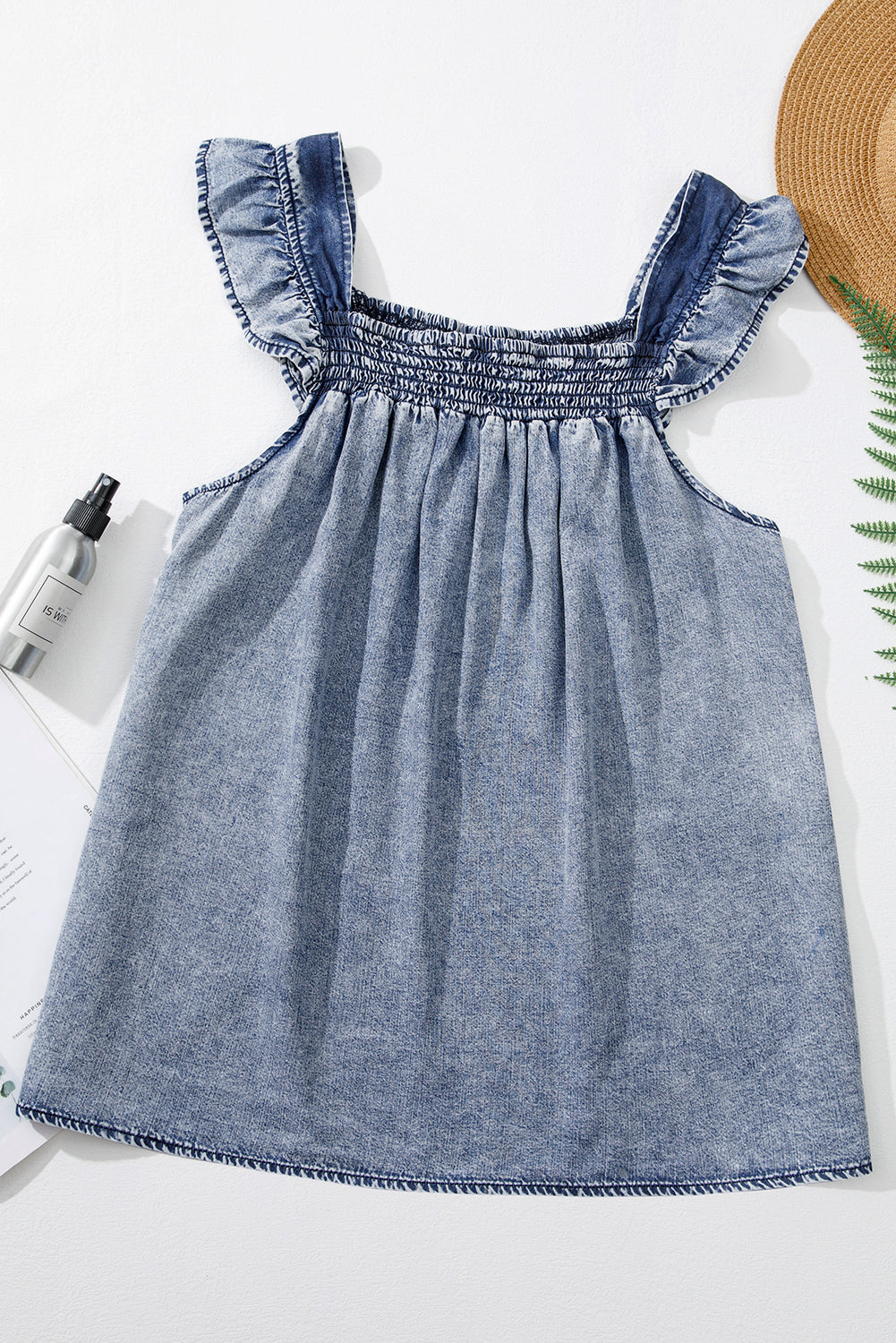 Ladies Ashleigh Blue Ruffled Shirred Neckline Sleeveless Denim Tank Top