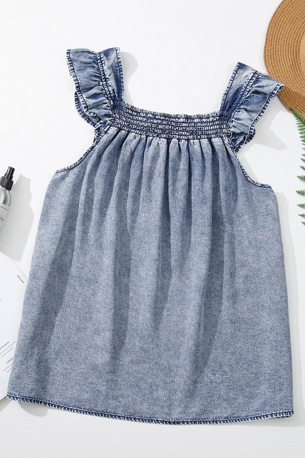 Ladies Ashleigh Blue Ruffled Shirred Neckline Sleeveless Denim Tank Top