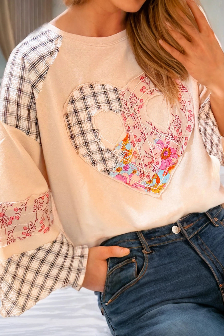 Ladies LDC Plaid Floral Patchwork Heart Shape Long Sleeve Top-Biege