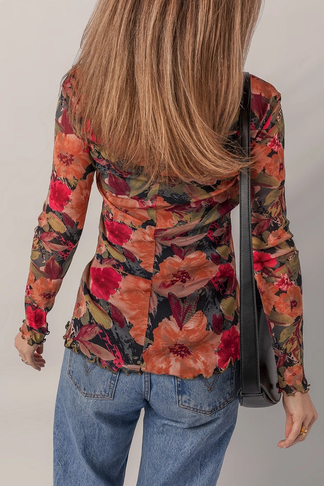 Ladies LDC Floral Print Lettuce Trim Long Sleeve Mesh Top