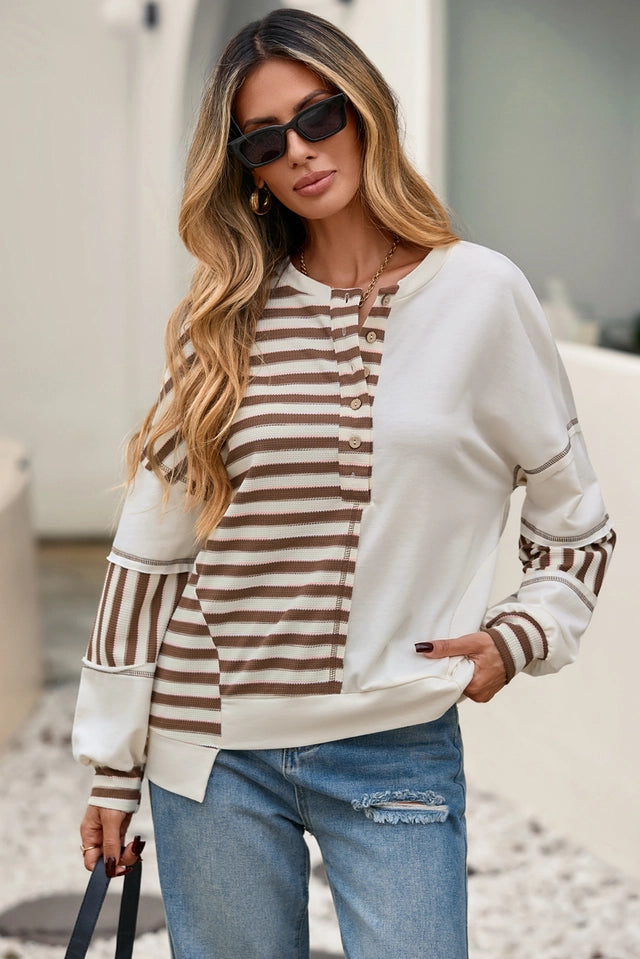 Ladies Stripe Stitched Detail Patchwork Oversized Pullover Top-Khaki