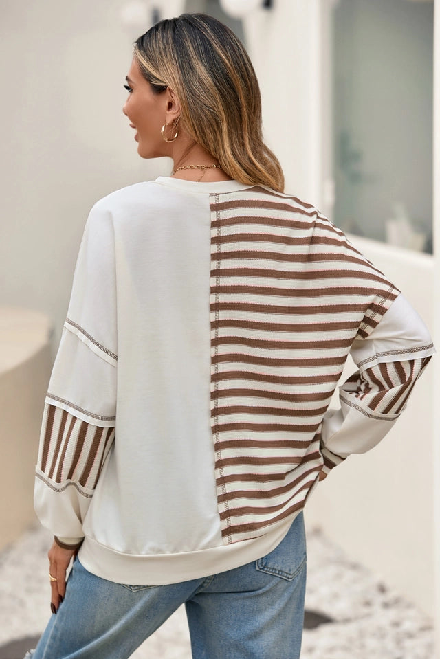 Ladies Stripe Stitched Detail Patchwork Oversized Pullover Top-Khaki