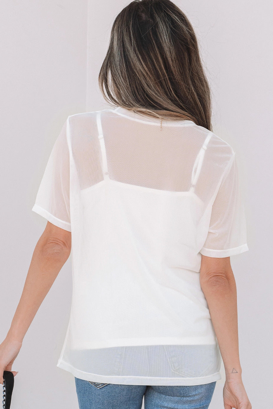 Ladies LDC Solid Color Sheer Mesh Patchwork Short Sleeve Top-White