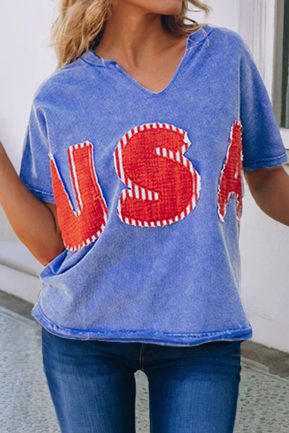 Ladies LDC USA Patch Mineral Wash Notch V Neck Loose T Shirt