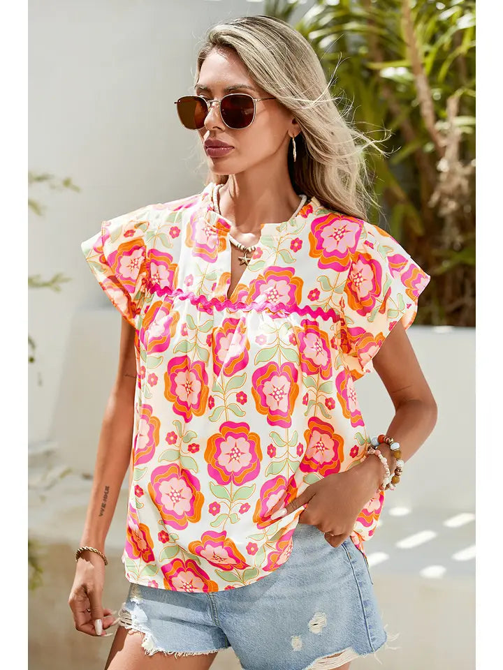 Ladies LDC Boho Floral Print Ricrac Ruffle Sleeve Blouse-Rose