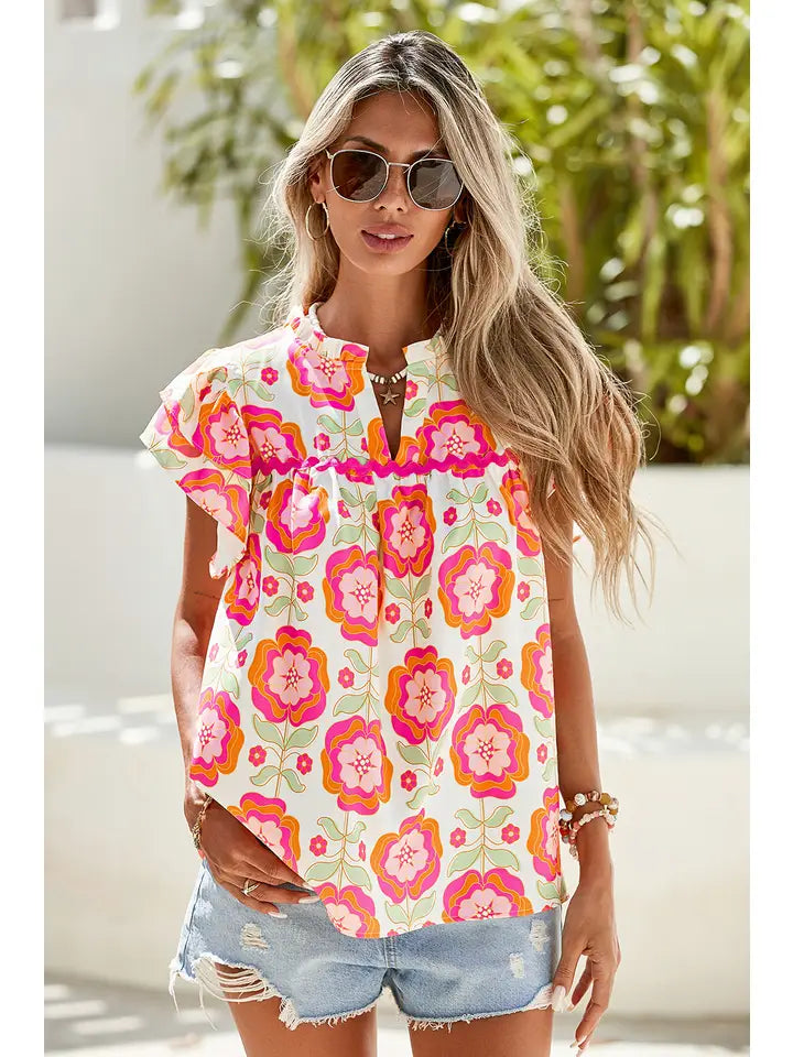 Ladies LDC Boho Floral Print Ricrac Ruffle Sleeve Blouse-Rose