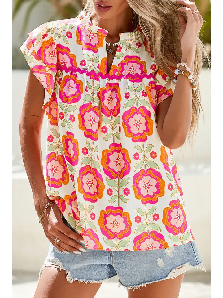 Ladies LDC Boho Floral Print Ricrac Ruffle Sleeve Blouse-Rose