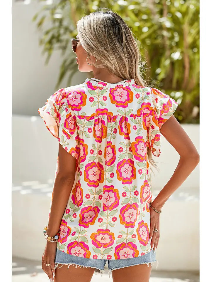 Ladies LDC Boho Floral Print Ricrac Ruffle Sleeve Blouse-Rose