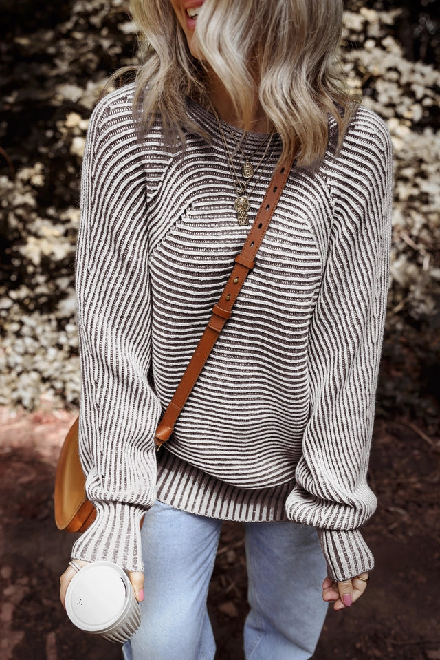 Ladies LDC Striped Print Ribbed Knit Boat Neck Baggy Sweater-Coffee