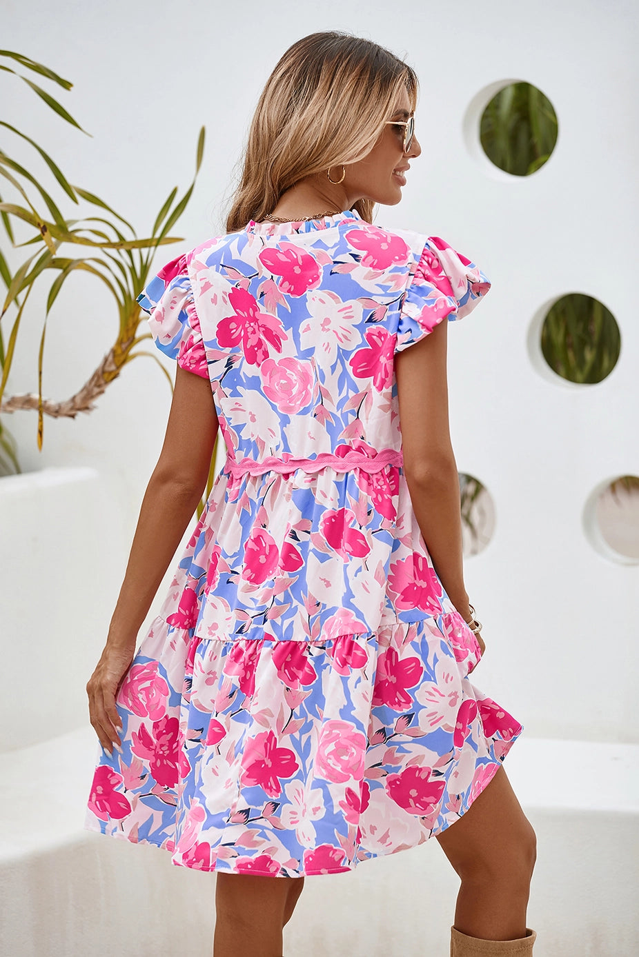 Ladies LDC Floral V Notched Ric Rac Flutter Sleeve Dress