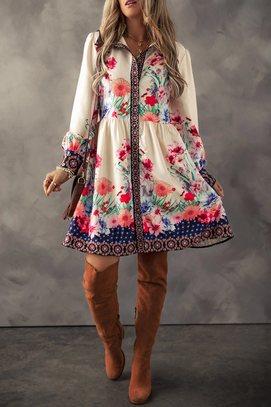 Ladies LDC Floral Print Buttoned High Waist Shirt Mini Dress