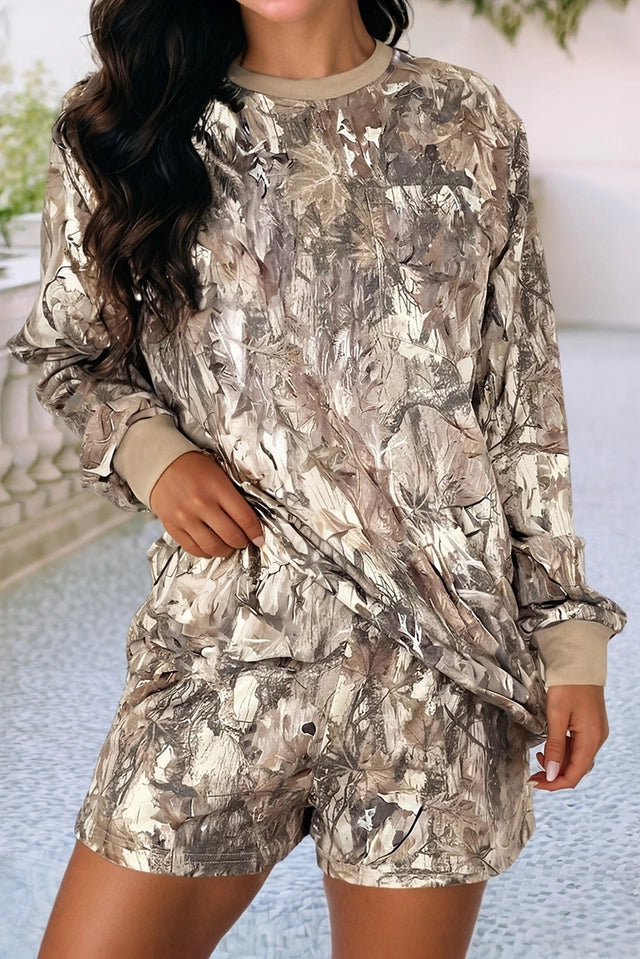 Ladies Out To the Woods High Rise Camo Avery Mae Short Set-Khaki