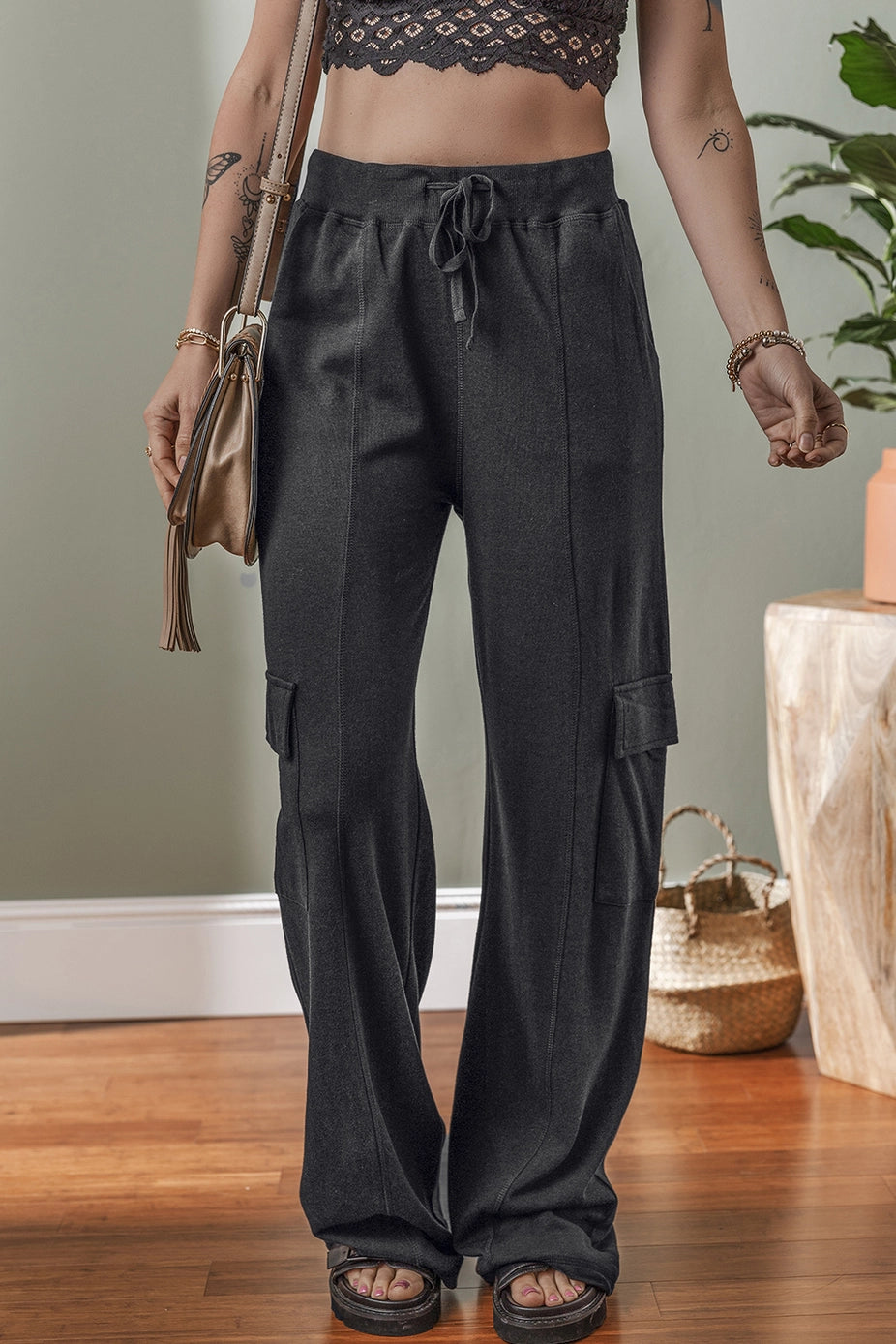 Ladies LDC Cargo Pockets Drawstring Sweatpants-Carbon Grey
