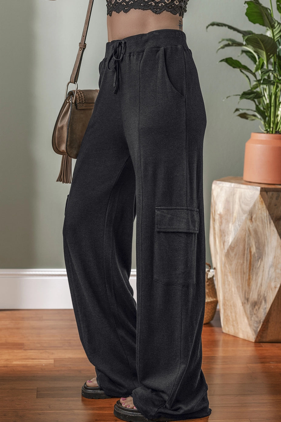 Ladies LDC Cargo Pockets Drawstring Sweatpants-Carbon Grey