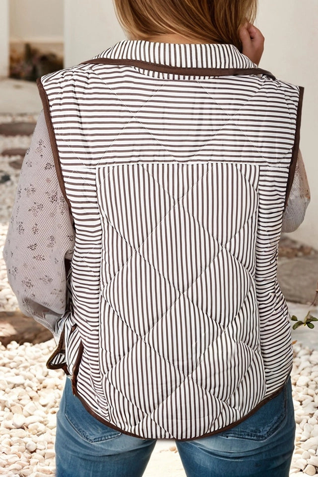 Ladies LDC Stripe Contrast Trim Button Collared Vest-Brown