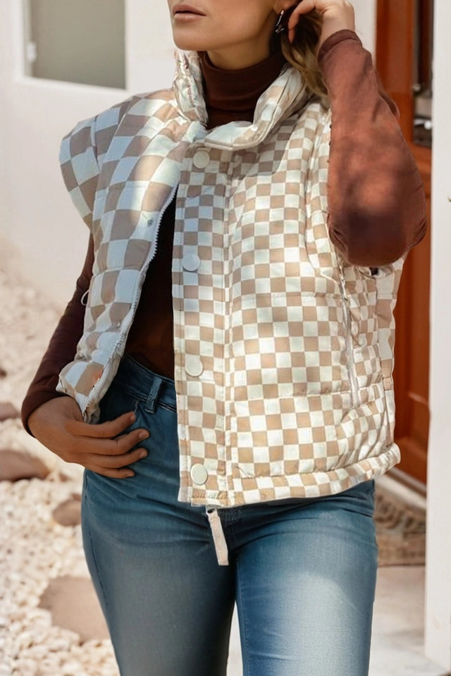 Ladies LDC Sleeveless Plaid Stand Neck Vest-Khaki