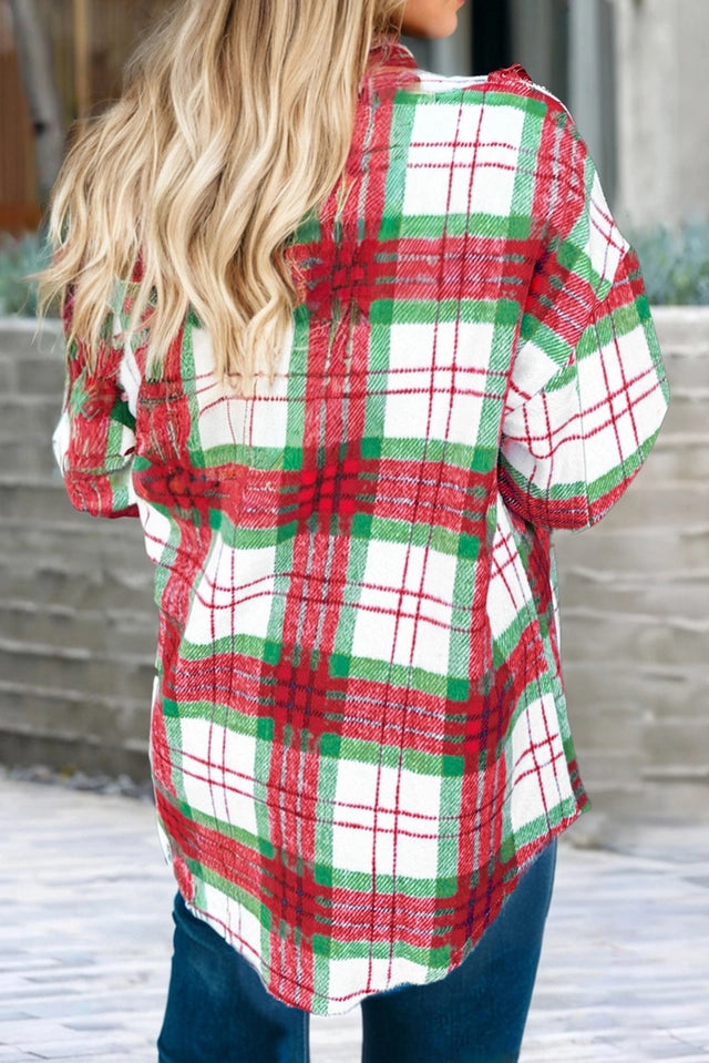 Ladies Christmas Plaid Casual Flannel Shacket-Red