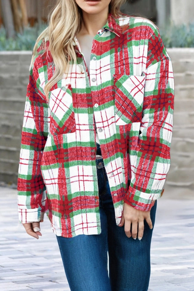 Ladies Christmas Plaid Casual Flannel Shacket-Red