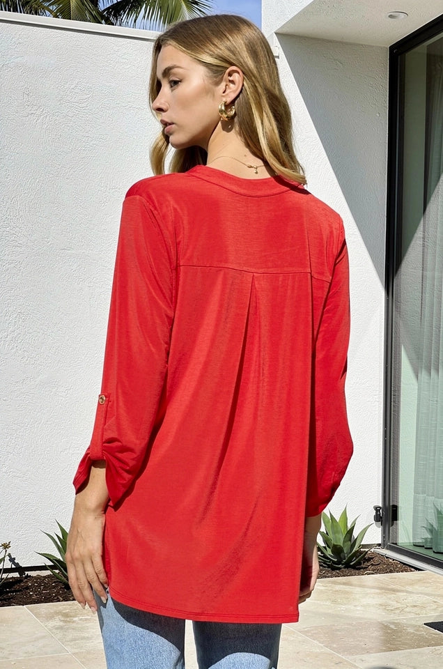 Ladies Solid Lizzy 3/4 Sleeve Top-Red