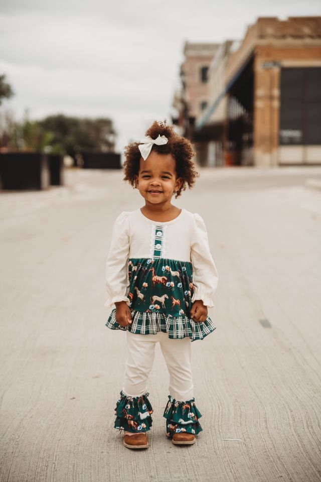 Girls Green Floral Horse LS Leggings Set by Shea Baby