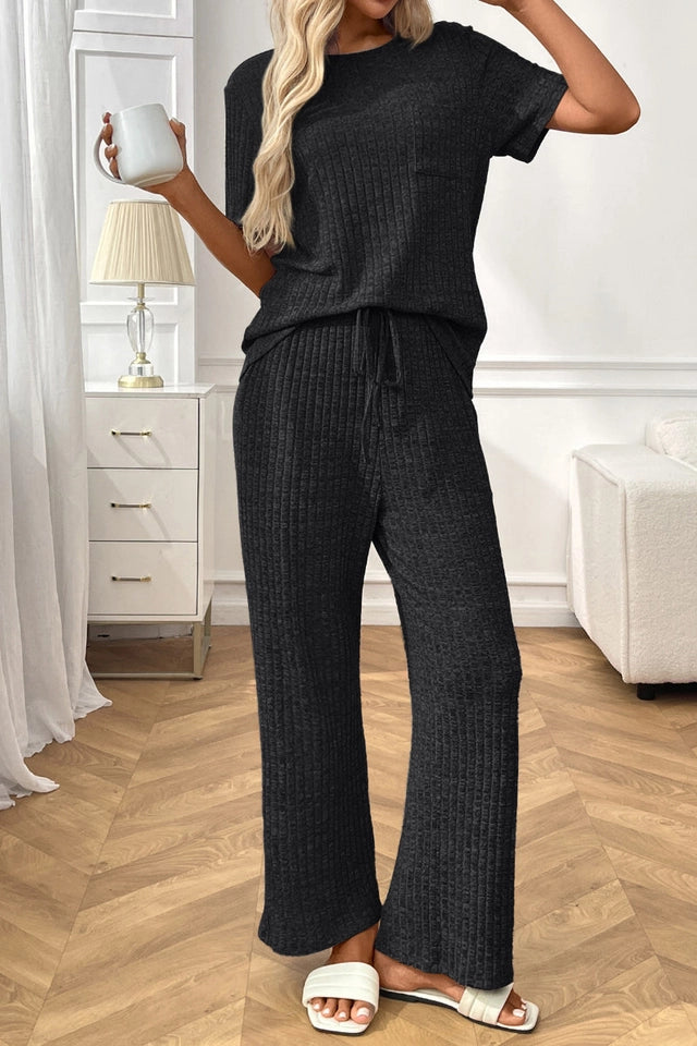 Ladies Ribbed Knit Lounge Set -Black