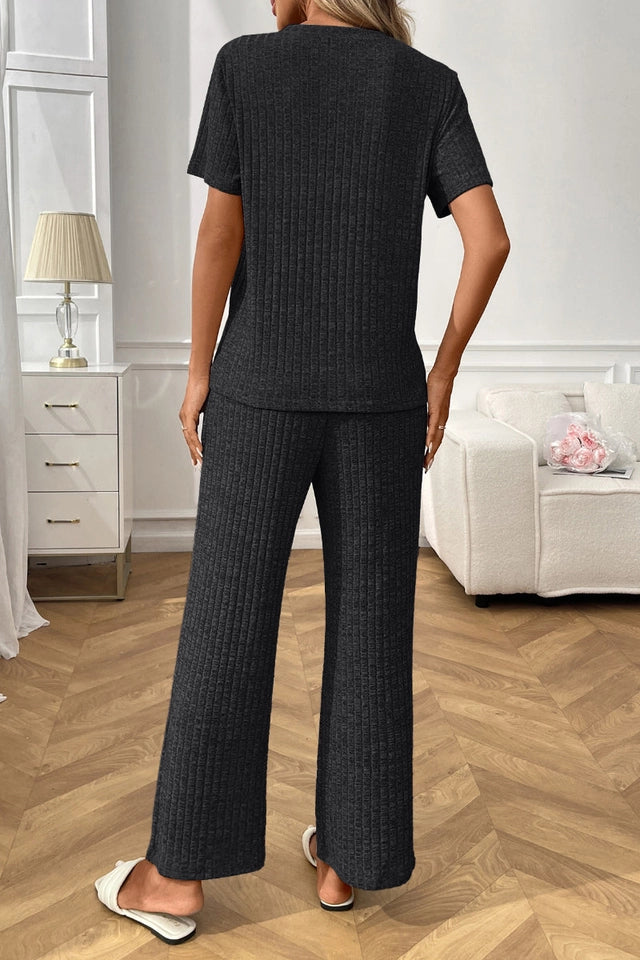 Ladies Ribbed Knit Lounge Set -Black