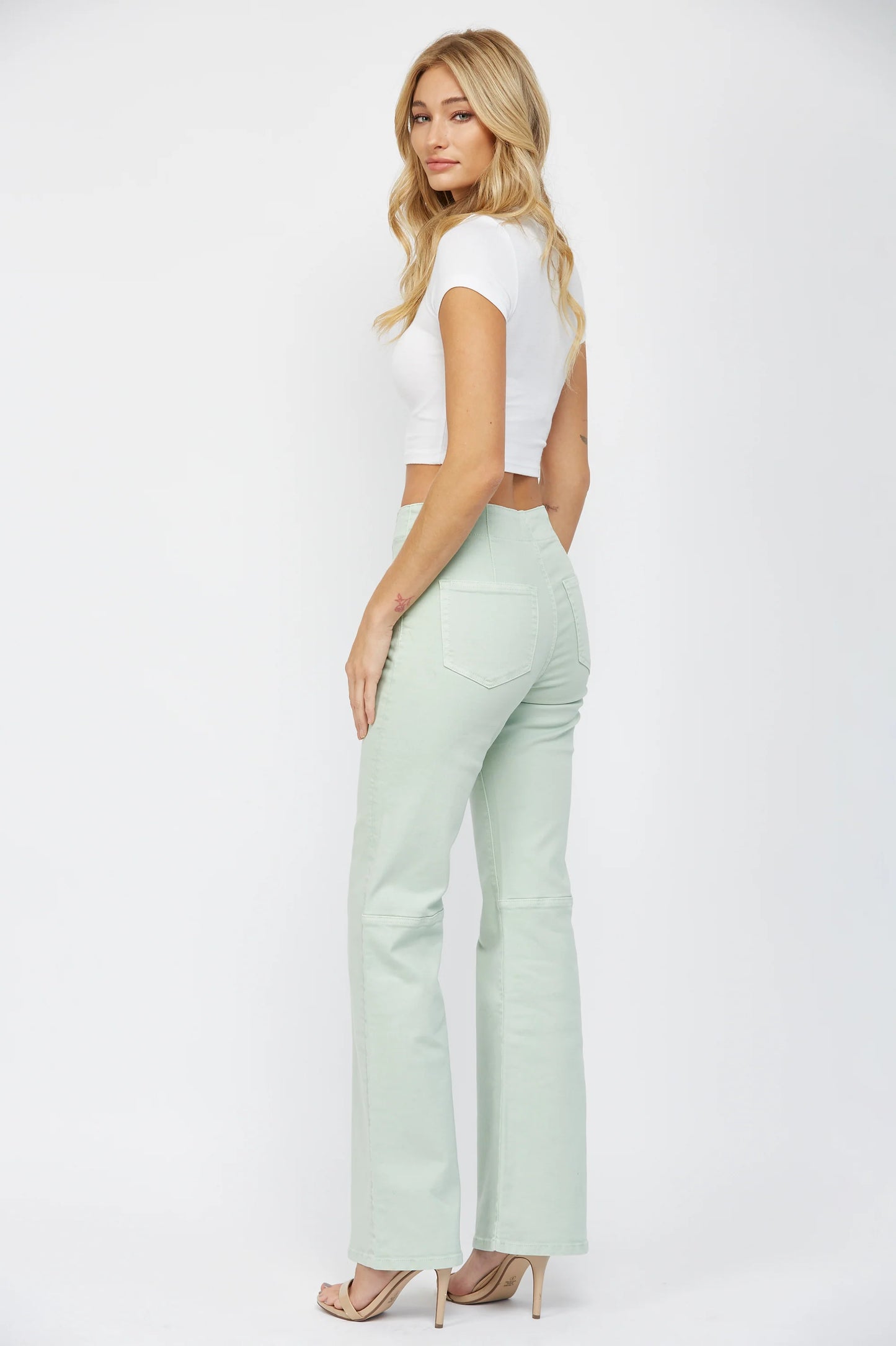 Ladies Mica Denim Super High-Rise Flare Jeans with Double Button - Blue Mint