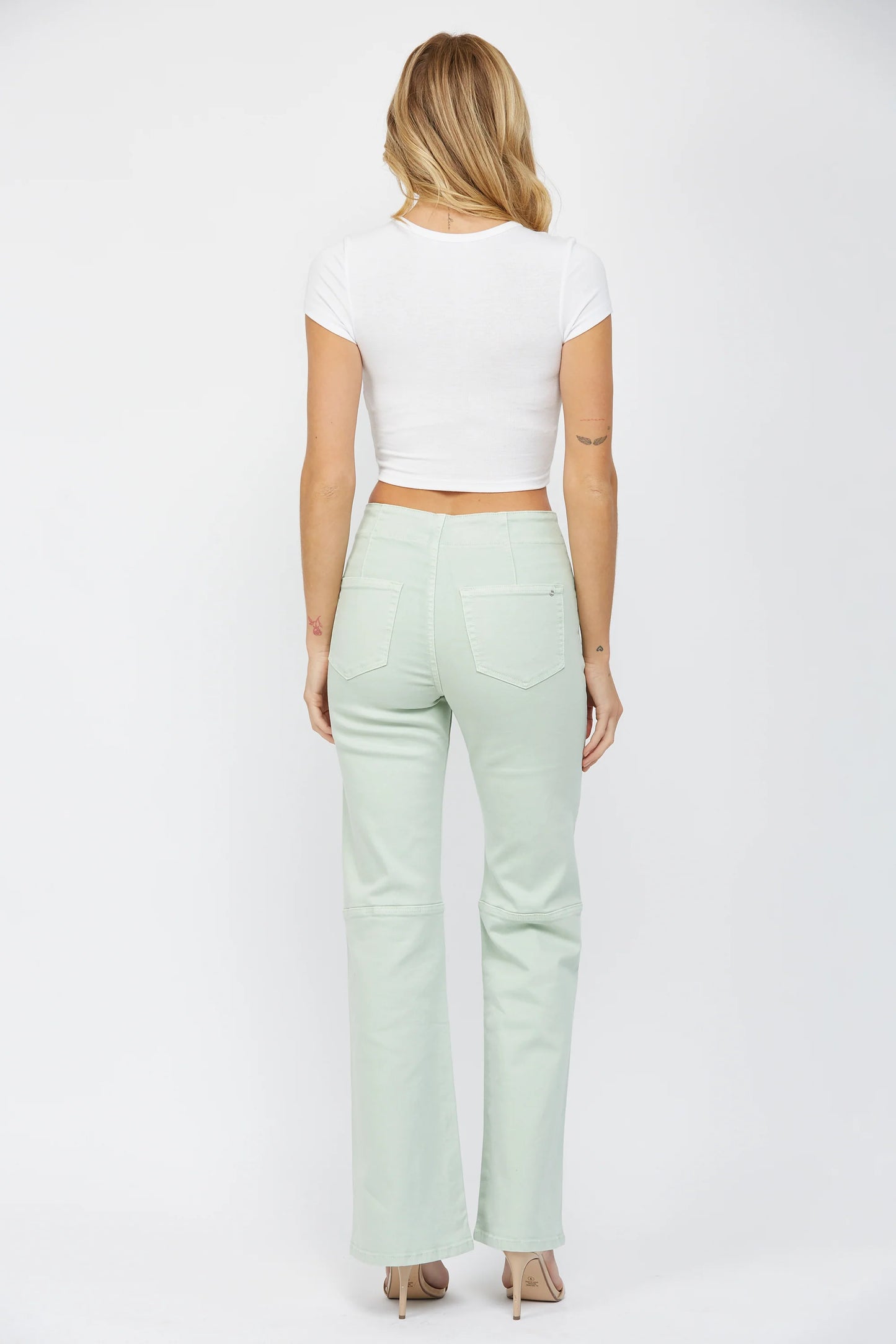Ladies Mica Denim Super High-Rise Flare Jeans with Double Button - Blue Mint