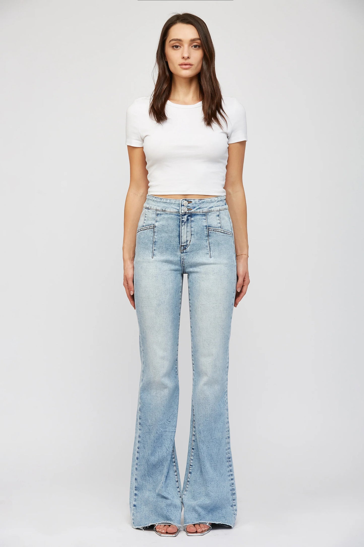 Ladies Mica Denim Super High Rise Relaxed Flare Jean With Double Button-Patricks Blue