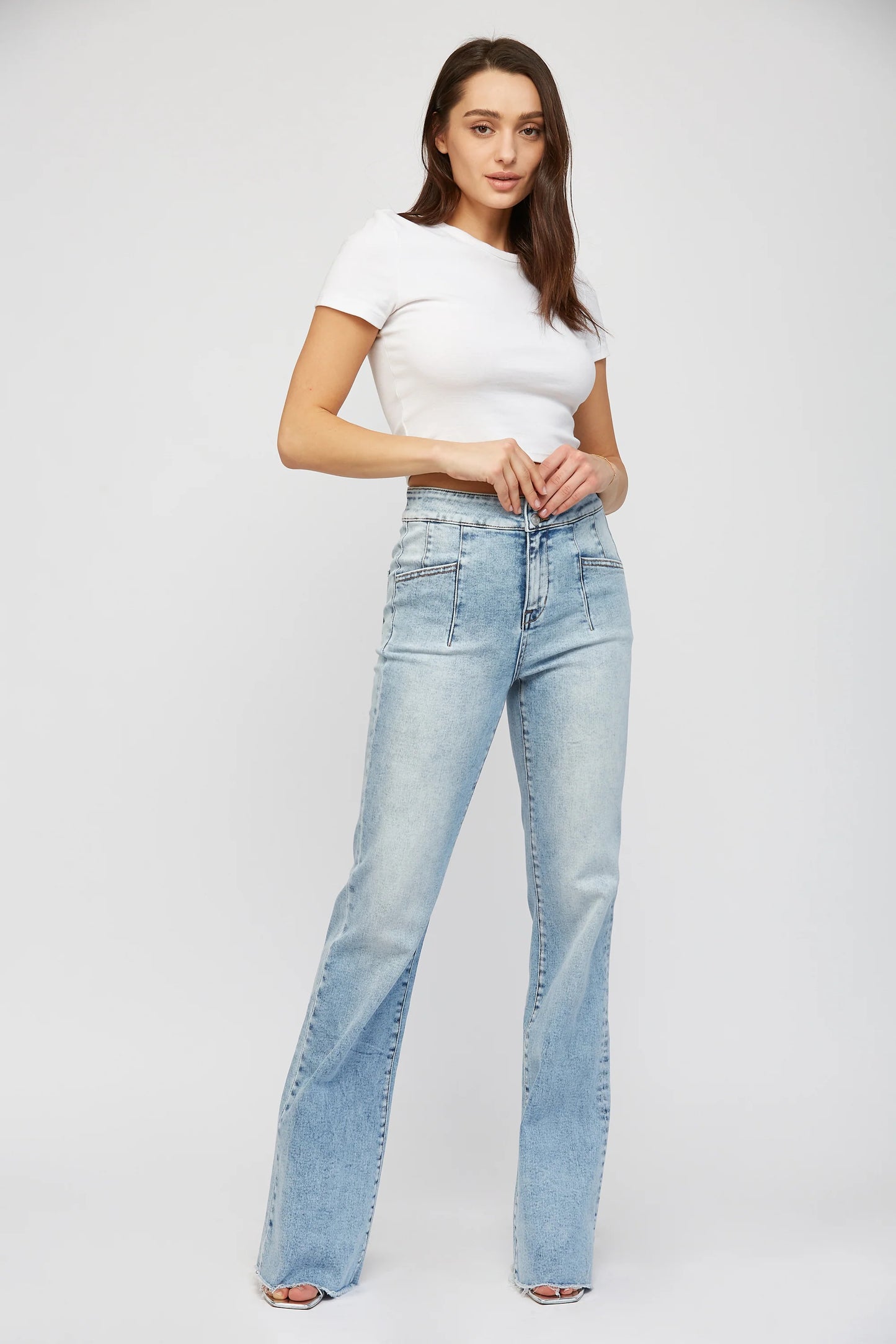 Ladies Mica Denim Super High Rise Relaxed Flare Jean With Double Button-Patricks Blue